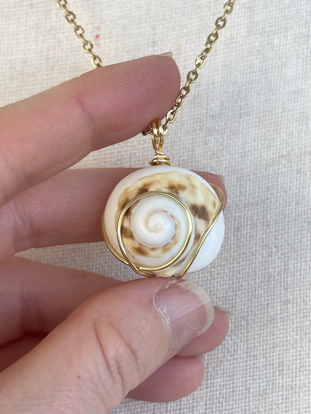 Gold Wire Wrapped White & Brown Spiral Shell Pendant Necklace Handmade
